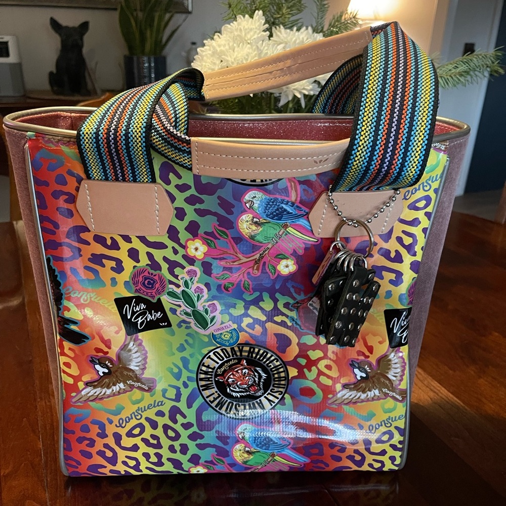 Consuela Multicolor Leopard Print Tote with Rainbow Striped Handles